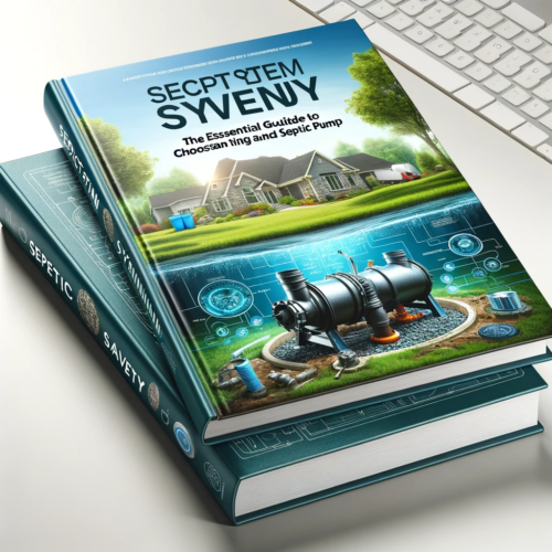 Book cover for 'Septic System Savvy' featuring a septic pump and a well-maintained yard with technical and natural background elements.