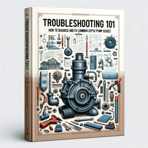 Book cover for 'Troubleshooting 101' featuring a septic pump, tools, and technical diagrams, symbolizing septic pump repair and maintenance.