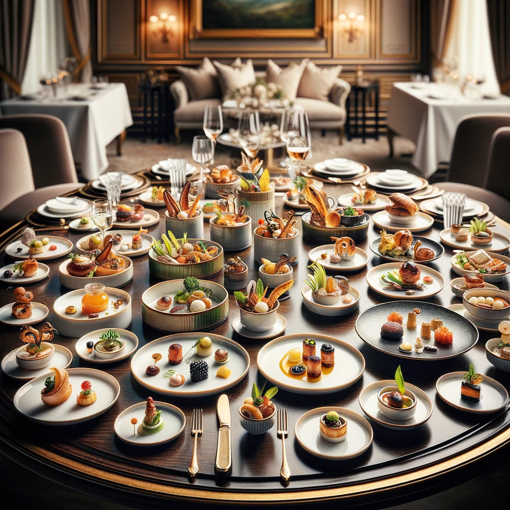 Sophisticated dining table set with an array of exquisitely prepared miniature cuisine dishes.