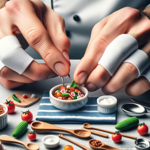 Chef's hands delicately arranging tiny ingredients for a miniature cuisine dish, with miniature cooking tools in the background.
