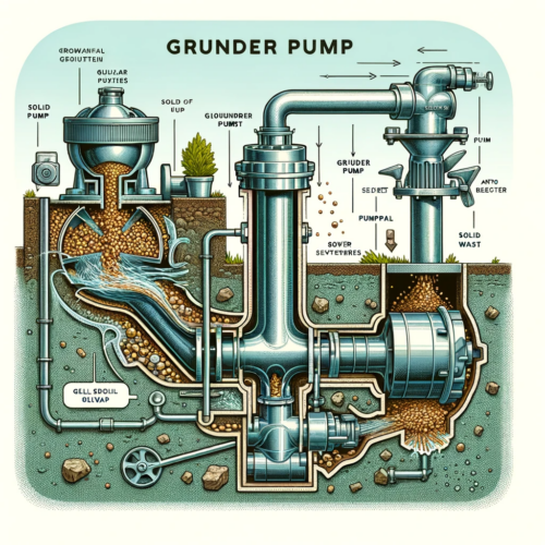 Cross-sectional view of a grinder pump in operation, showing the grinding of solid waste into small particles.