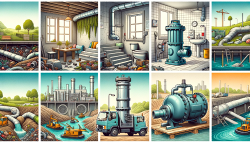 Collage showing four common applications of grinder pumps: in a residential basement, a commercial kitchen, a sewage treatment plant, and a construction site.