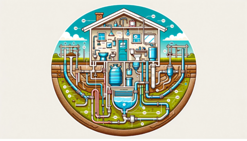 A cross-sectional view of a septic system, showing components like the tank, drain field, and plumbing lines, with labels for each part.