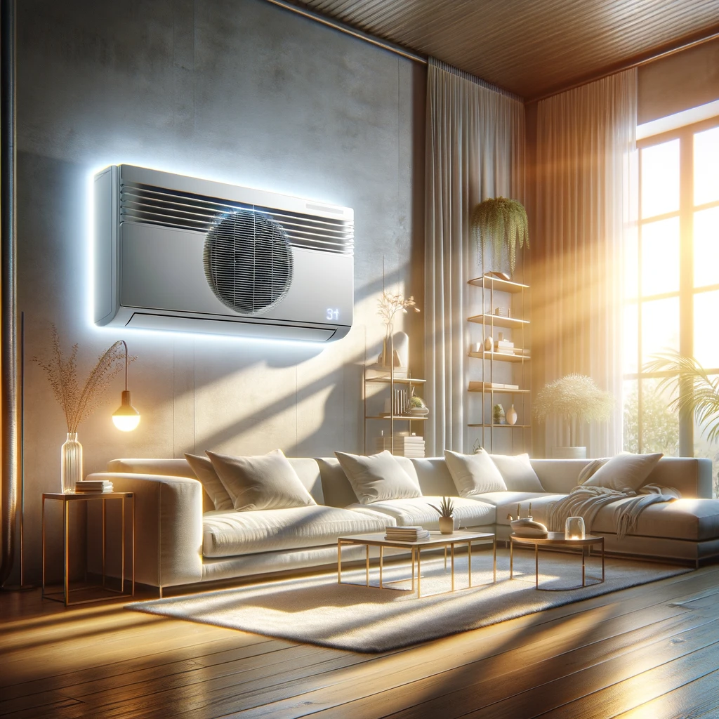 Modern living room with advanced HVAC unit.