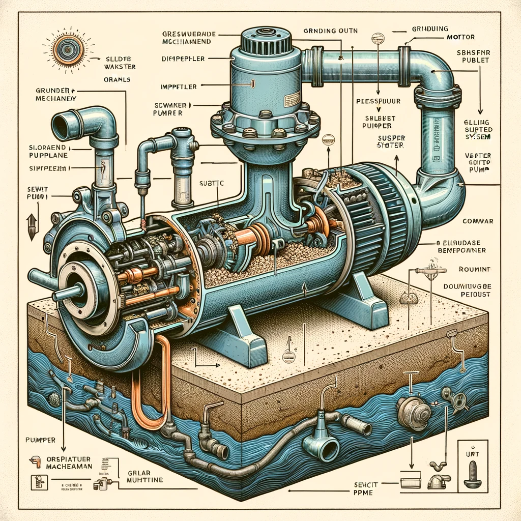 design and operation of a Grinder Pump, highlighting key components such as the grinding mechanism, motor, impeller, and discharge pipe. 