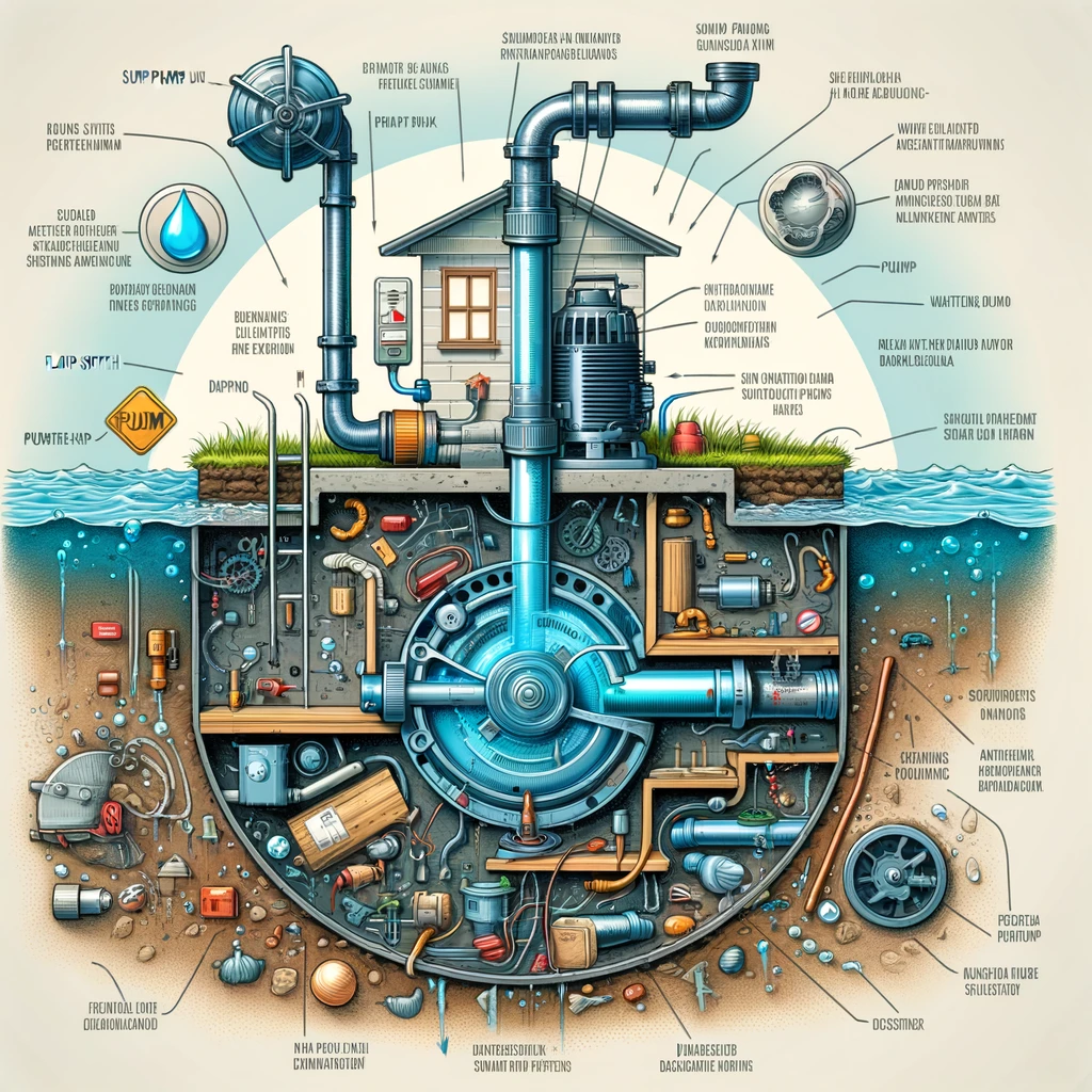 design and operation of Sump Pumps, showcasing how they are installed in a sump pit and highlighting key components like the pump motor, impeller, float switch, and discharge pipe. 