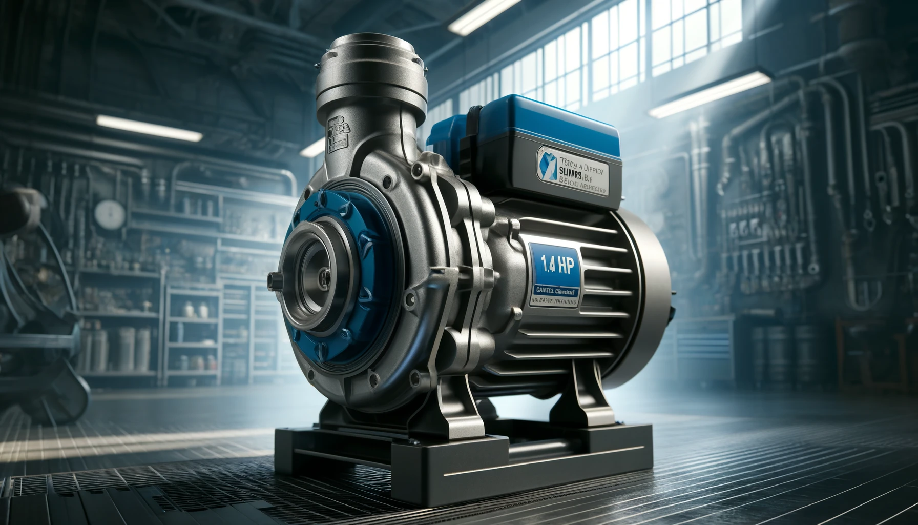 Modern industrial pump labeled 'Top Oma Pump 1.4 HP', featuring metallic body with blue accents in a workshop setting.