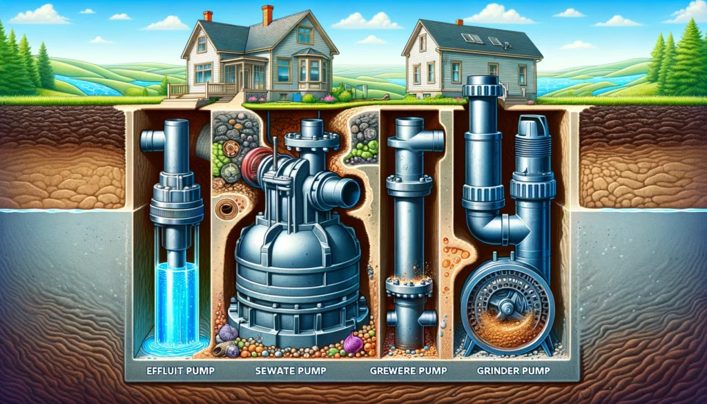 An illustration showing three types of septic pumps: effluent pump, sewage pump, and grinder pump, along with a cross-section of a septic system.