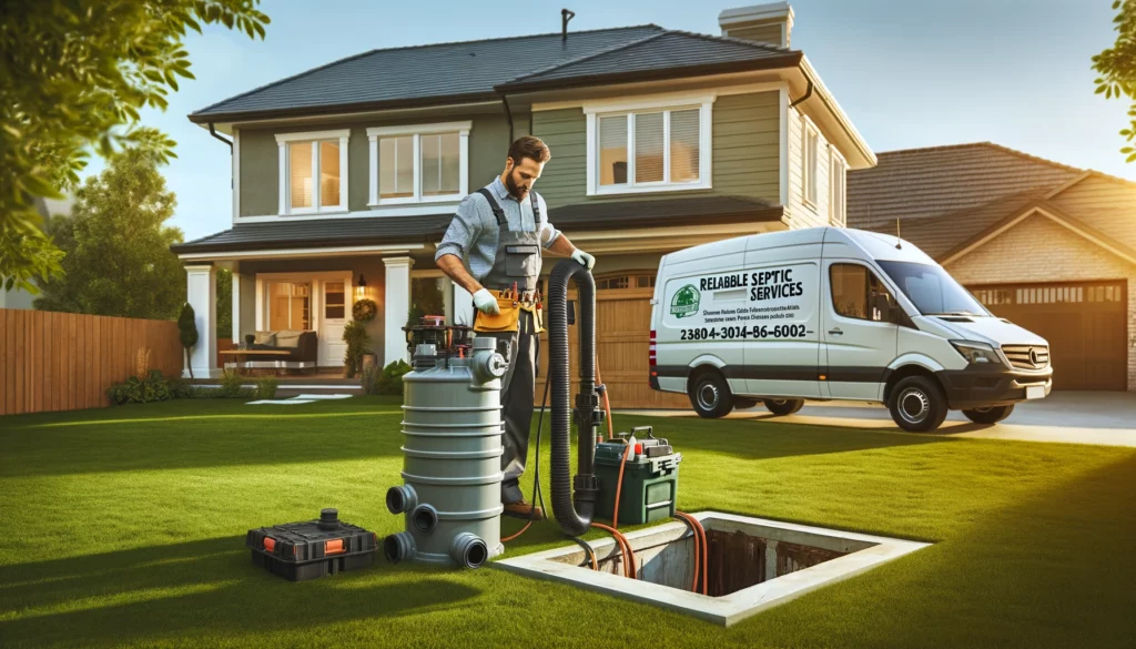 A technician in uniform working on a septic pump system beside a modern suburban home, with a branded service van in the background.