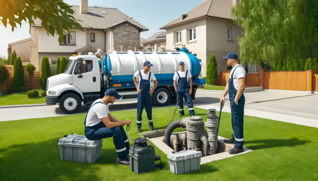 A team of septic pump technicians in uniforms working on a residential septic system in a suburban backyard with a septic pump truck parked nearby.