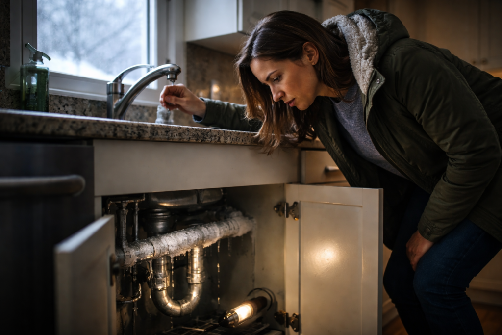 Frozen pipes in the winter kitchen