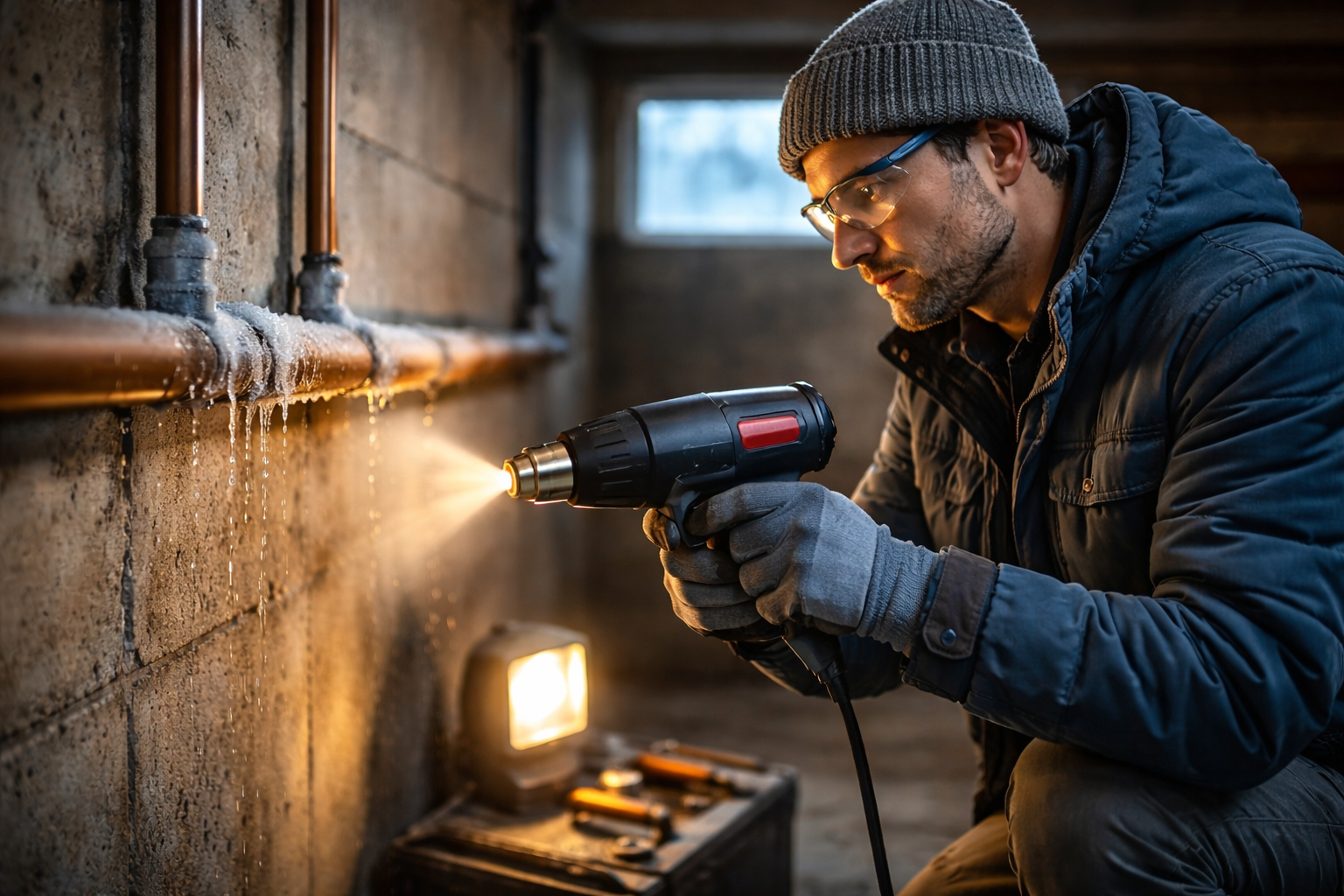 Plumber thawing frozen copper pipe