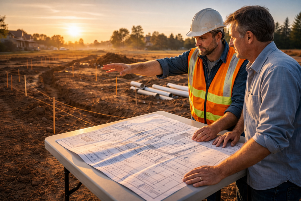 Reviewing plans in late afternoon light